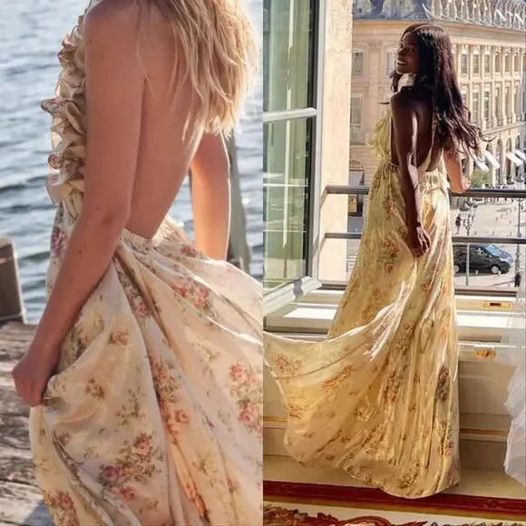 LoveShackFancy Antonie Halter Floral Metallic Maxi Dress Gown Golden Fog New - Picture 2 of 7